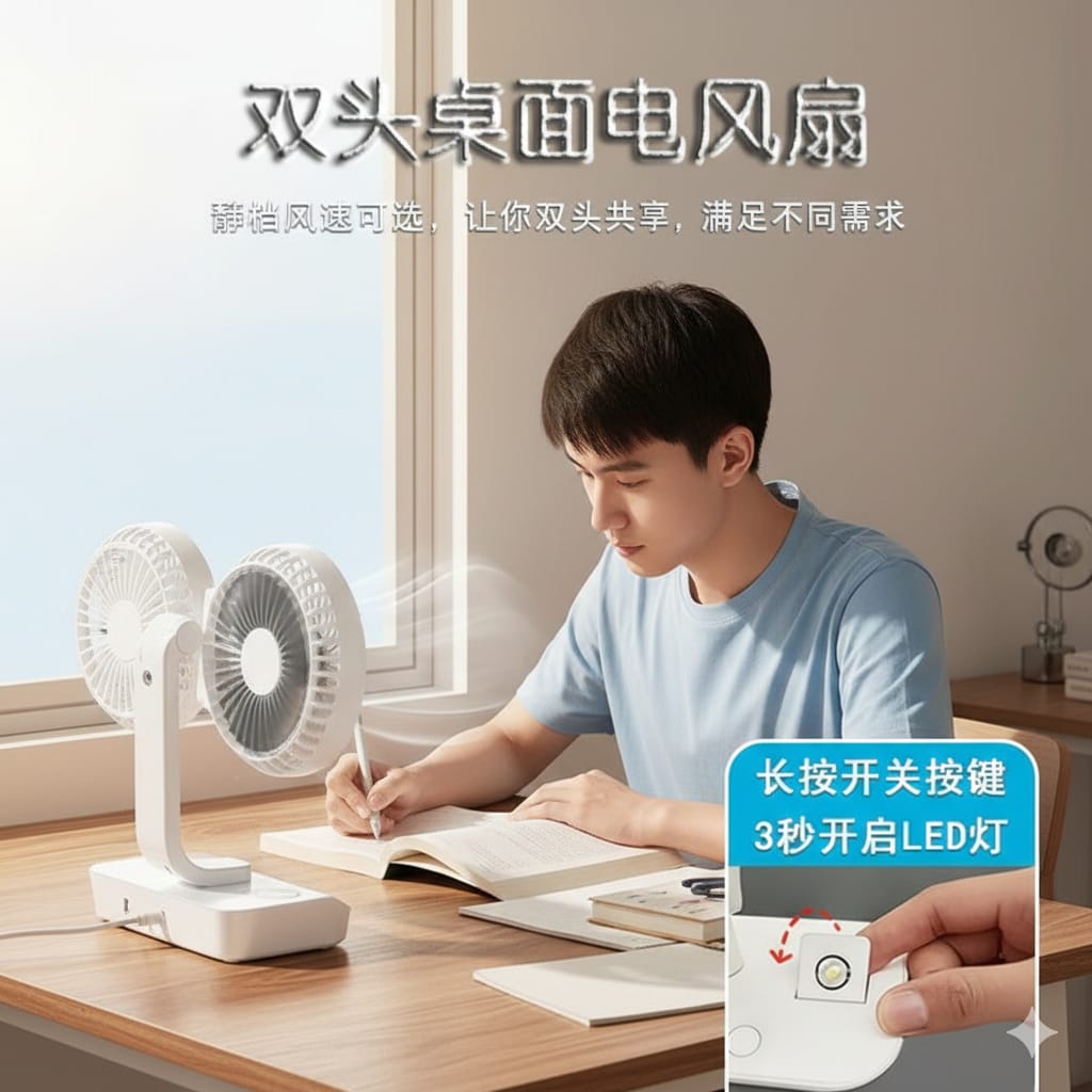 2026 New Model Small Portable Summer Mini Rechargeable USB Dual-Head Desktop Fan with 360-Degree Coverage Without Blind Spots